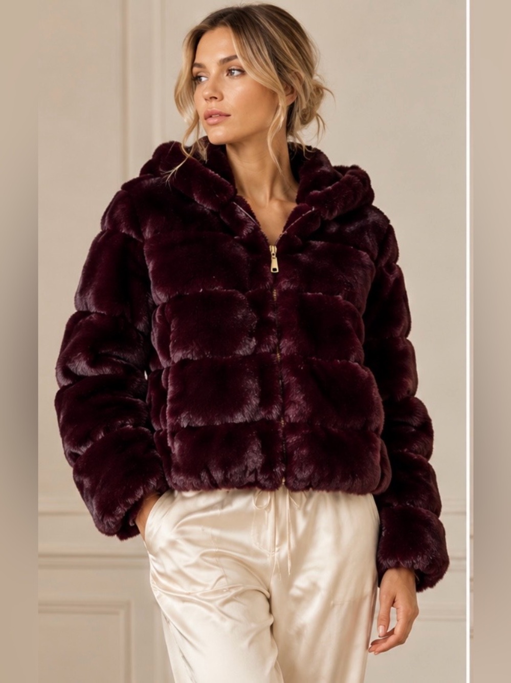 NWT - BCBGMAXAZRIA Faux Fur Hooded Jacket in Rich Burgundy